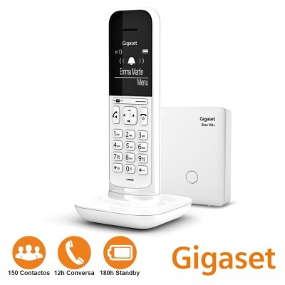 Telefone fixo sem fio Gigaset branco com teclado e ecrã preto.
