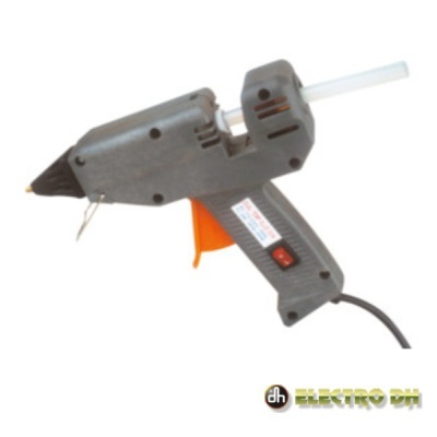 Pistola de cola quente cinza com gatilho laranja e cabo elétrico