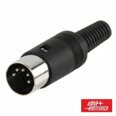 Conector de áudio DIN macho preto com cinco pinos e logo alpha elettronica