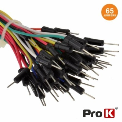 Jumpers multicolores com conectores pretos e pontas metálicas, 65 unidades