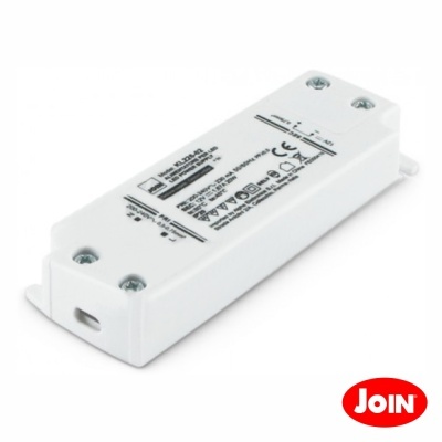 Transformador de corrente LED branco com etiqueta técnica e logótipo JOIN vermelho