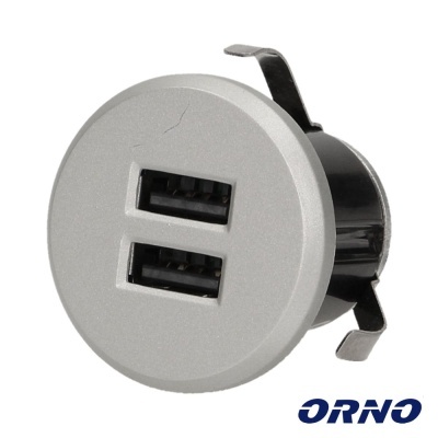 Tomada dupla USB prateada e preta com logo ORNO