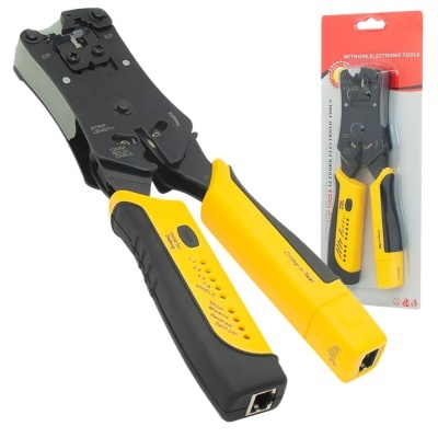 Alicate de crimpagem para cabos de rede preto e amarelo com embalagem