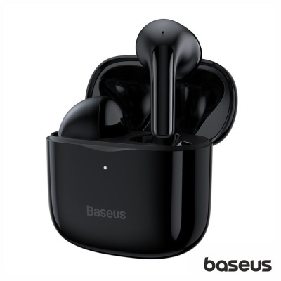 Fones de ouvido wireless Baseus pretos com estojo aberto