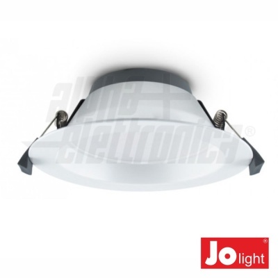 Lâmpada de embutir redonda com aro branco e molas metálicas.