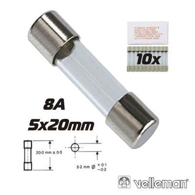 Fusível de vidro com extremidades metálicas e embalagem 10x Velleman