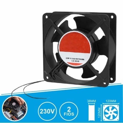 Ventoinha quadrada preta com etiqueta e fios