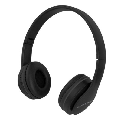 Auscultadores wireless negros com almofadas acolchoadas e botões numa haste