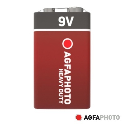 Bateria 9V AGFAPHOTO vermelha com texto branco e cinza