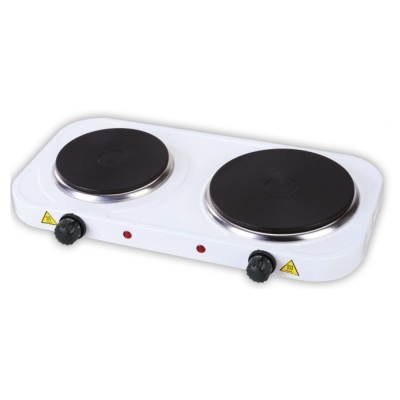 Fogão elétrico portátil branco com duas placas de aquecimento pretas.