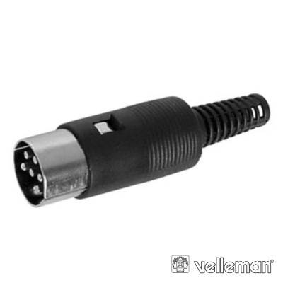 Plugue mini-DIN preto com cinco pinos e corpo em plástico