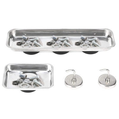 Bandejas magnéticas retangulares e ímanes com ganchos com parafusos e porcas.