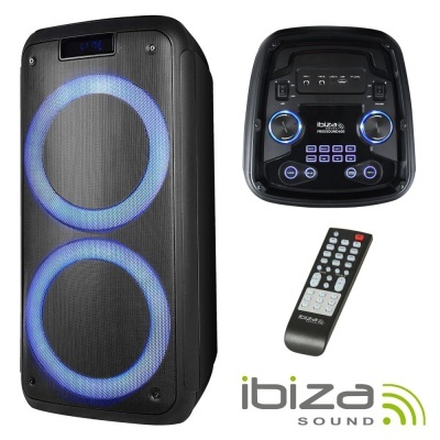Coluna de som preta Ibiza Sound com luzes azuis e comando à distância