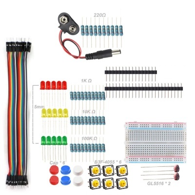 Kit de componentes eletrónicos com cabos, resistores, LEDs, botões, protoboard e pilha