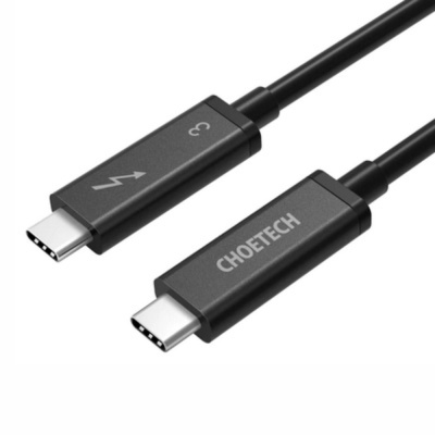 Cabo USB tipo C preto com texto CHOETECH e símbolo de raio com número 3