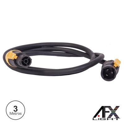 Cabo elétrico preto de 3 metros com conectores pretos e amarelos, fundo branco.