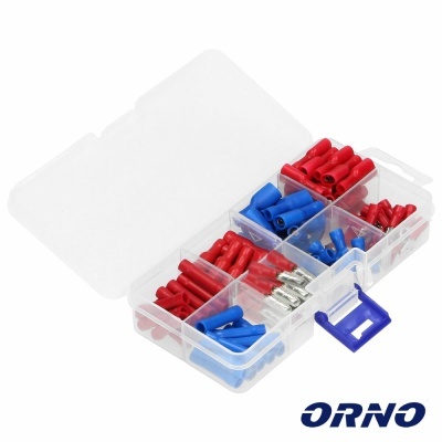 Caixa transparente com conectores elétricos vermelhos e azuis organizados em compartimentos