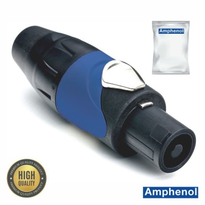 Conector Amphenol preto e azul com embalagem branca e selo de alta qualidade