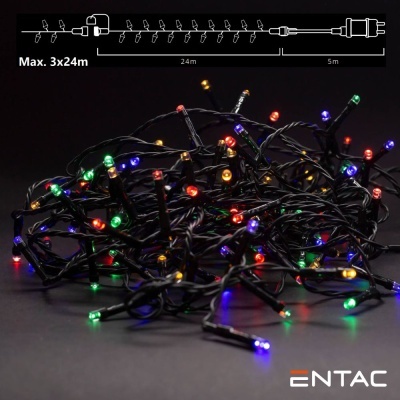 Luzes LED coloridas com cabo preto e etiqueta ENTAC