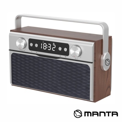 Rádio portátil Manta com madeira e visor digital.