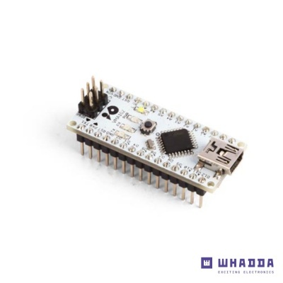 Placa eletrónica branca com microcontrolador e conector USB mini