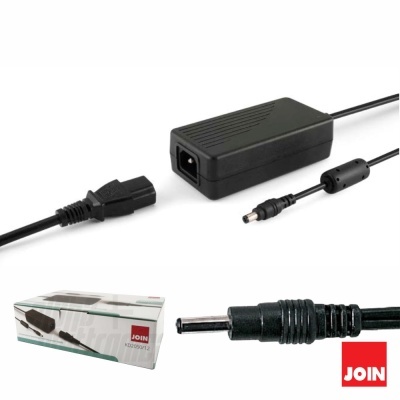 Adaptador elétrico preto com caixa e texto JOIN.