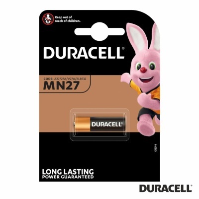 Embalagem preta de pilha Duracell MN27 com coelho rosa da marca