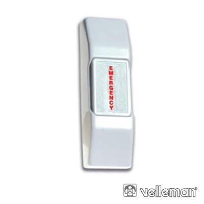 Interruptor de emergência branco com texto vermelho EMERGENCY