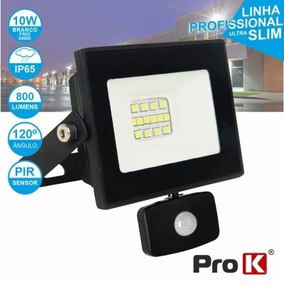 Projetor LED preto com sensores PIR e texto promocional azul e branco