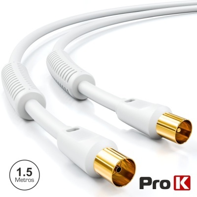 Cabo coaxial branco com conectores dourados e terminais brancos