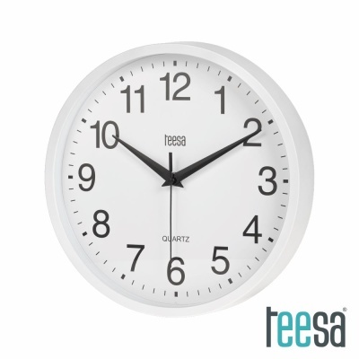 Relógio de parede branco com números pretos e ponteiros