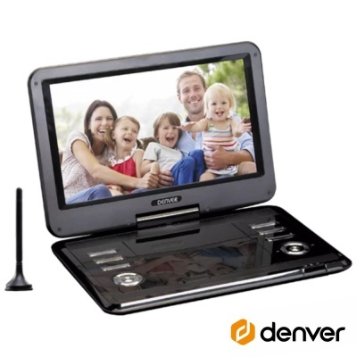 Leitor de DVD portátil preto da Denver com ecrã a cores aberto e antena ao lado