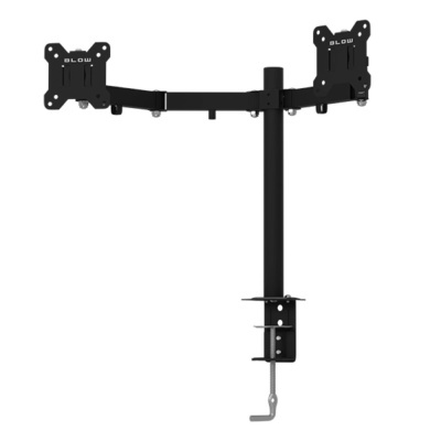Suporte para dois monitores preto de secretária com fixação e texto BLOW