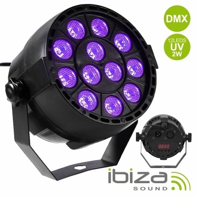 Projetor de iluminação preto Ibiza Sound com 12 LEDs UV roxos e painel traseiro com visor digital
