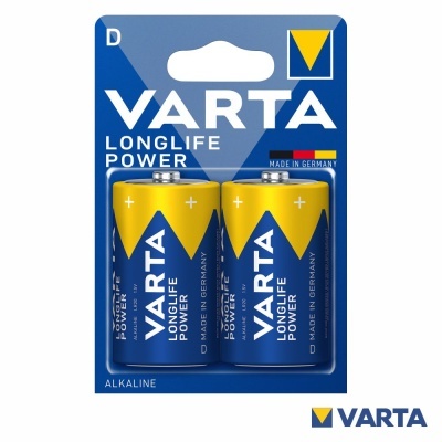 Pack de duas pilhas alcalinas VARTA Longlife Power em embalagem azul e amarela