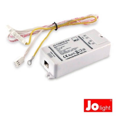 Controlador de iluminação Jo light com fios coloridos e logo vermelho