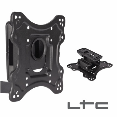 Suporte de parede preto para ecrã plano com vários furos de fixação e logótipo LTC