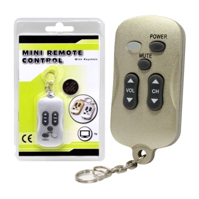 Controle remoto mini dourado com chaveiro e embalagem