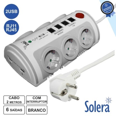 Extensão elétrica branca Solera com três tomadas, USB, RJ11, RJ45 e interruptor