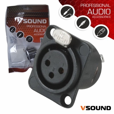 Conector de áudio profissional preto com três pinos e botão PUSH, embalagem com texto PROFESSIONAL AUDIO ACCESSORIES