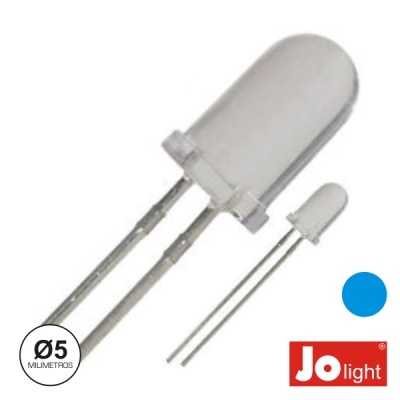 Dois LEDs transparentes de 5 mm com pinos metálicos em fundo branco com logótipo Jo light.