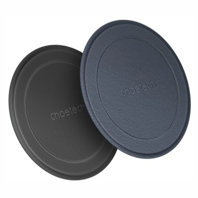 Dois carregadores wireless circulares em preto e azul escuro com textura de couro e texto choetech