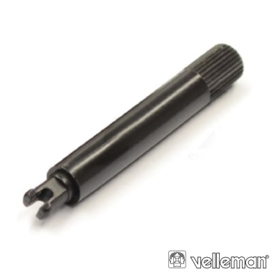 Eixo metálico preto com extremidade estriada e presilhas, com logotipo Velleman
