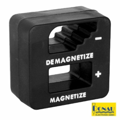 Dispositivo preto para magnetizar e desmagnetizar com texto branco e logo amarelo e azul.