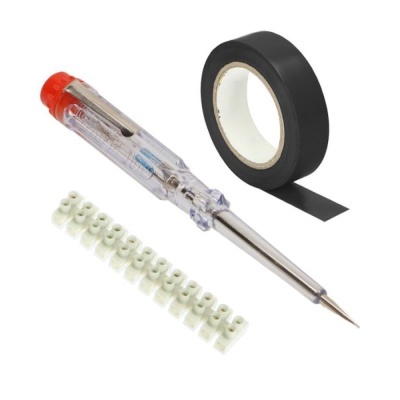 Conjunto ferramenta chave teste, fita isolante e régua de bornes