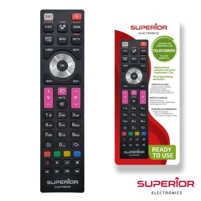 Comando remoto preto da Superior Electronics com diversos botões coloridos e embalagem ao lado.