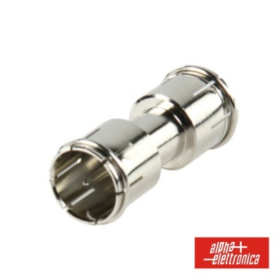 Conector metálico cilíndrico prateado com logótipo alpha elettronica