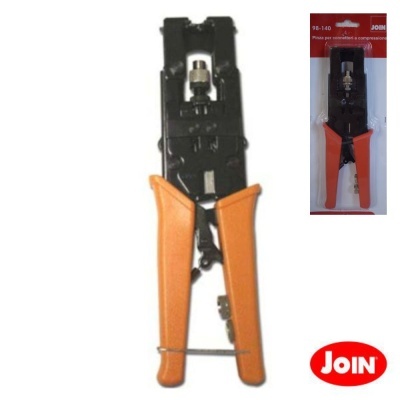 Alicates de prensar nas pegas laranja e corpo preto em embalagem com cartão vermelho e logo JOIN