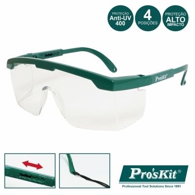 Óculos de proteção verde e transparente com lentes claras e texto Pro'sKit