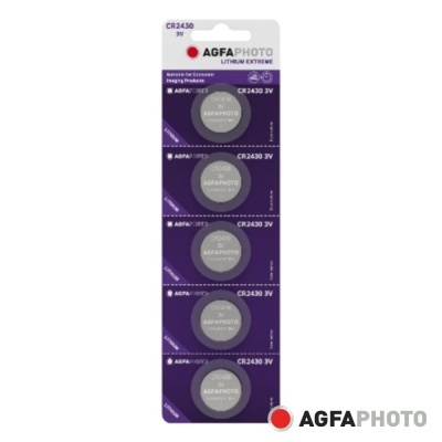 Cinco pilhas de lítio AGFA PHOTO CR2430 3V em embalagem roxa e branca